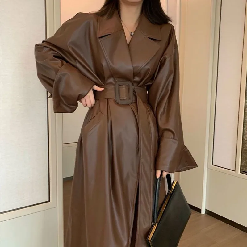 Spring Autumn Long Oversized Black Leather Trench Coat for Women Sashes Single Button Loose Stylish Korean Fashion 2021
