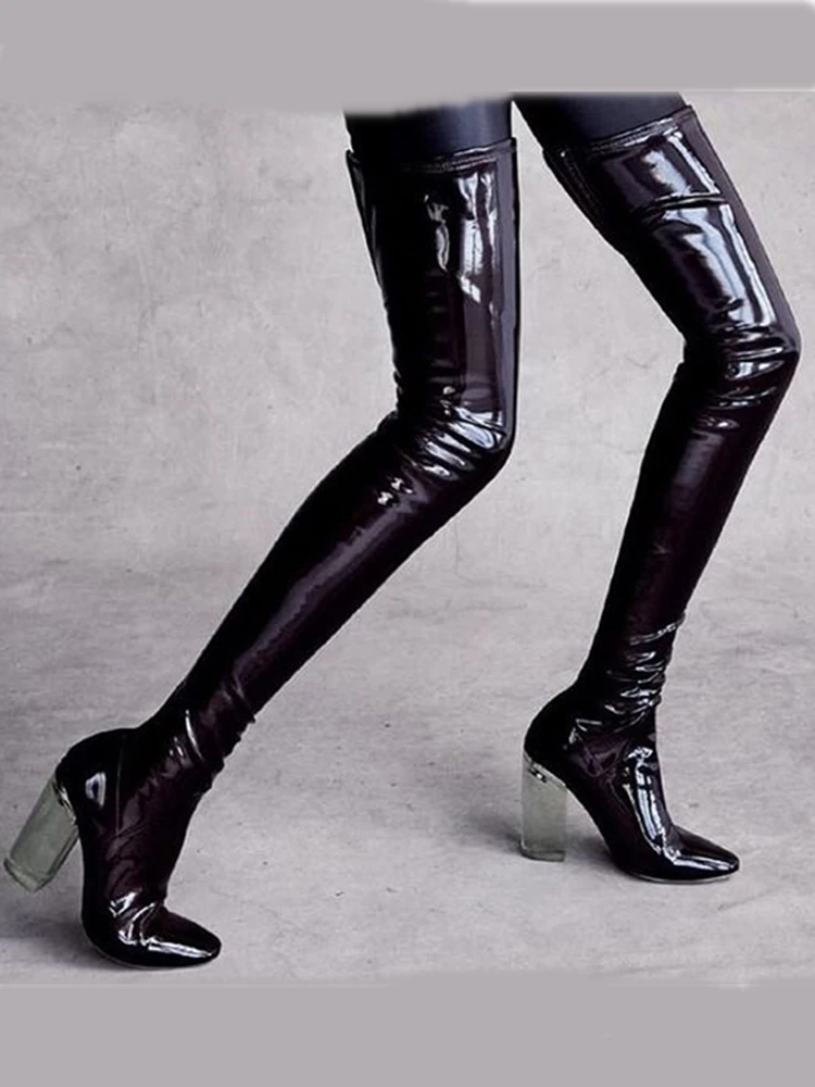 Облегающие высокие сапоги Thigh-High прозрачные на массивном каблуке для осени и зимы