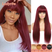 100 human hair wigs with bangs ombre remy brazilian straight hair colored 1b 99j burg brown blonde 10 30 inch for black women