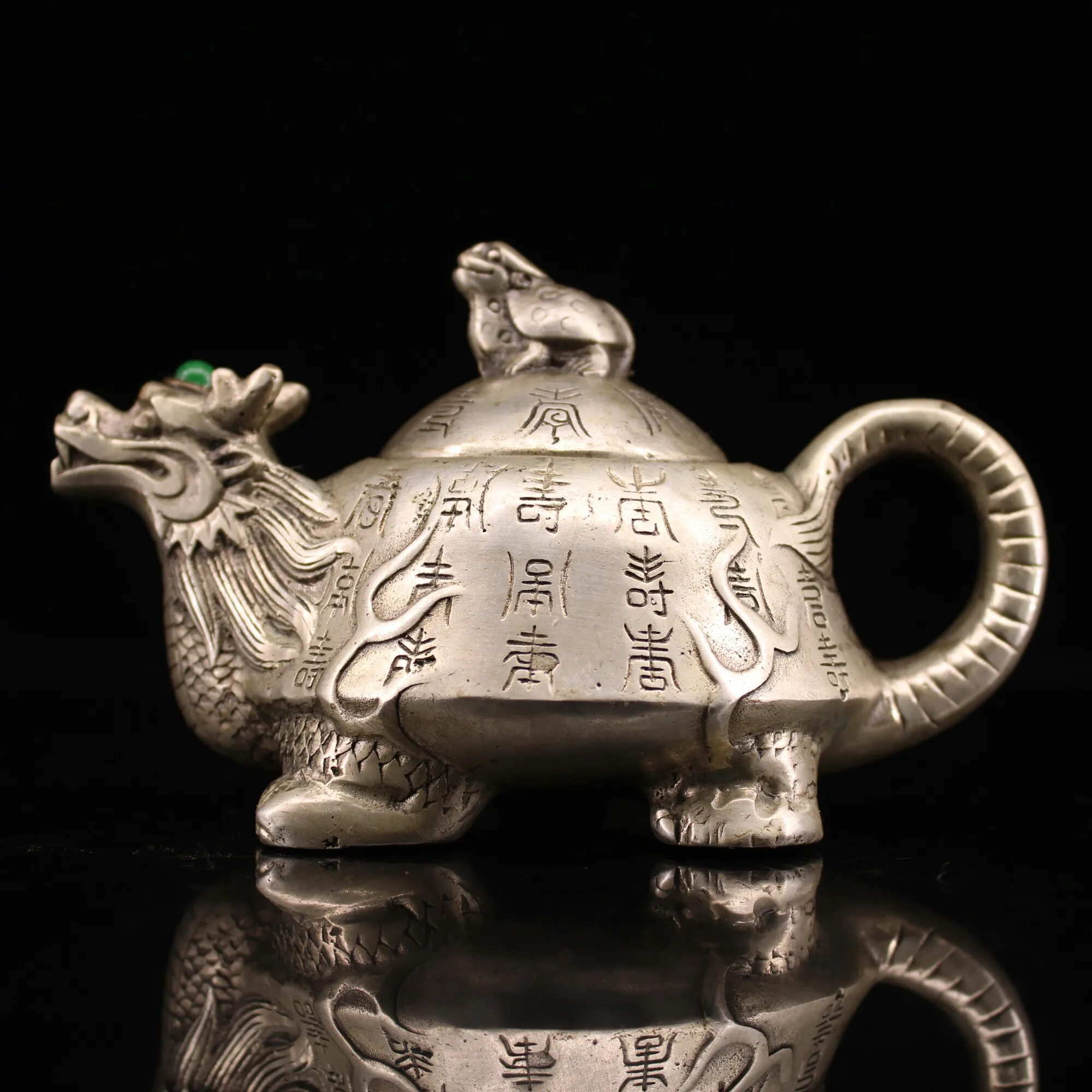 

5"Tibetan Temple Collection Old Bronze Gilt silver mosaic Gem Dragon turtle statue kettle teapot flagon Ornaments Town House