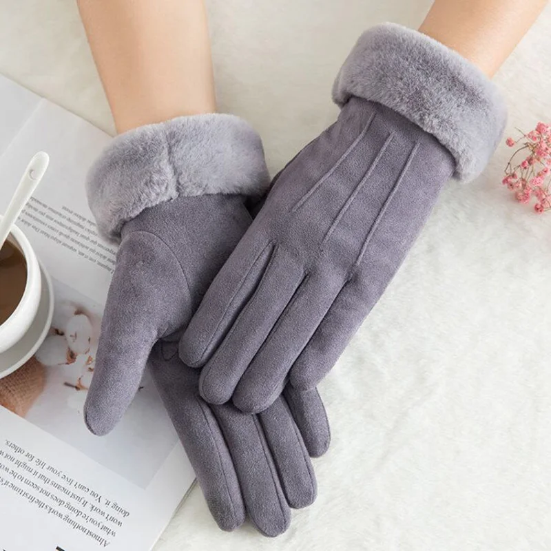 

Winter Female Double Thick Plush Wrist Warm Cashmere Cute Cycling Mittens Women Suede Leather Touch Screen Driving Glove C56B