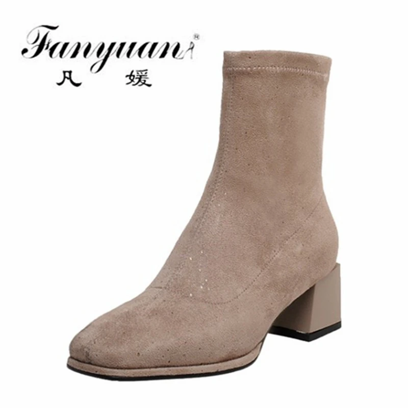 

Fanyuan Basic Office Ladies Casual New Women Ankle Boots Autumn Winter Concise Stretch Boots Thick Heels Shoes