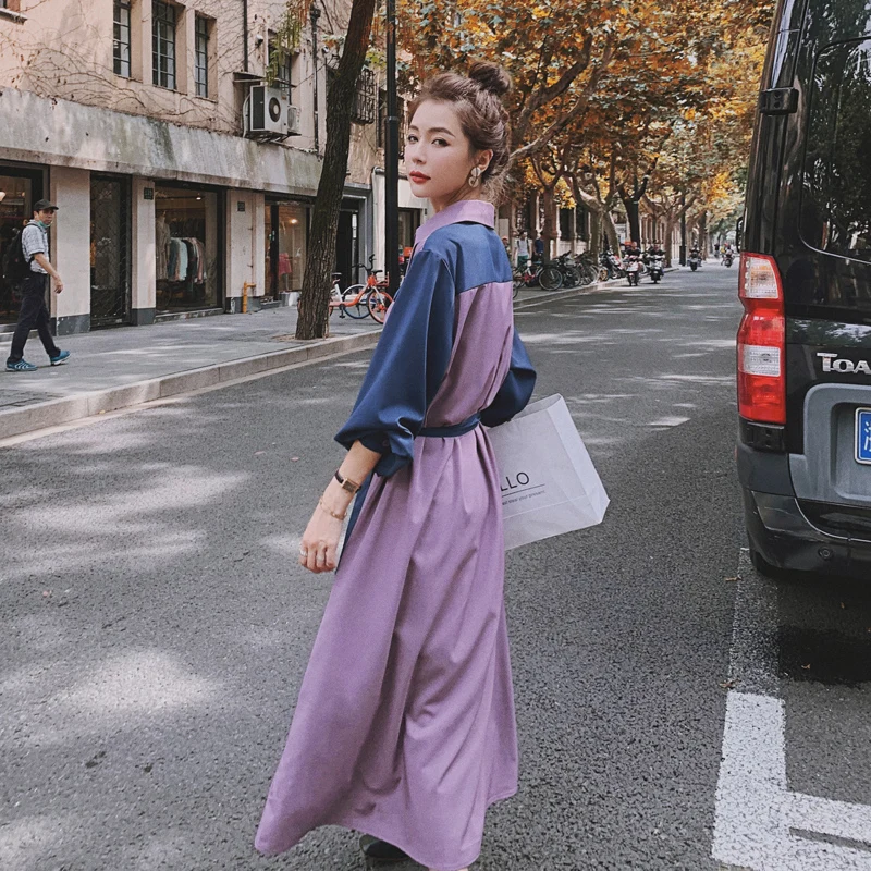 

Women Long Shirt Dress Korean Elegant Fashion Splice Slim Casual Bandage Dresses Lady Plus Size Long Sleeve Dress Spring Autumn
