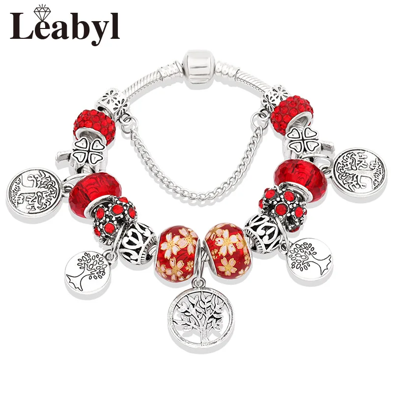L80829 Red Stering 925 серебряных Древо жизни Мода шарик кастрюле браслет Зеленый Кристалл Цветочный листьев прелести кнопки и браслет pulsera - Окраска металла: L80829 Red