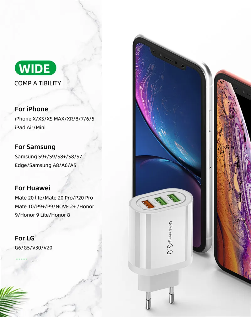 18 Вт Быстрая зарядка 3,0 USB зарядное устройство 3 порта QC3.0 Быстрая зарядка для iPhone 11 11Pro Max samsung S10 huawei P30 настенное зарядное устройство адаптер