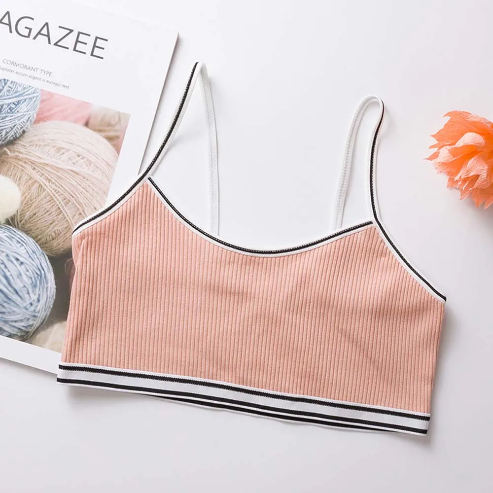 1PC Teenage Puberty Girl Sweet Candy Color Bra Underwear Striped Patchwork Thread Ribbed Wireless Bralette Vest - Цвет: Orange