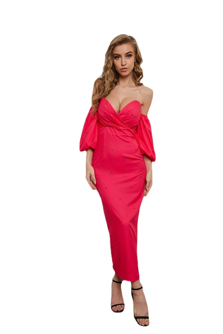 

Women Elegant Long Dress Strapless Short Lantern Sleeveless Backless Print Dot Slim Sheath Evening Dress Elegant Office Lady Hot