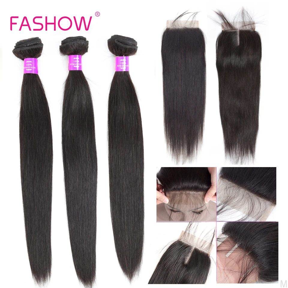 FASHOW Brazilian Straight Hair Bundles With Closure Thick Human Hair 3/4 Bundles With Closure Double Wefts Black Friday Sale