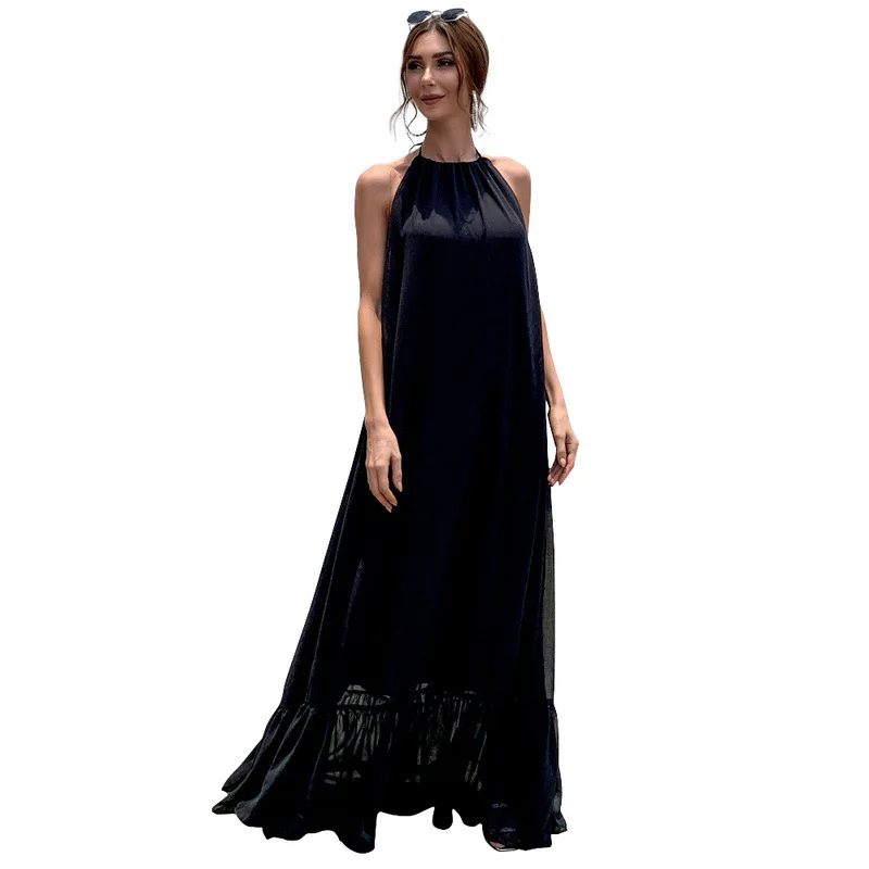 

Donsignet Summer New Halter Solid Color Swing Chiffon Dress Bohemia Beach Dresses for Women Solid Neck-mounted Woman Dress