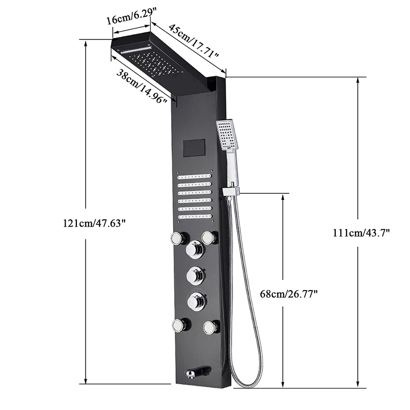 

Brushed Nickel Bathroom Shower Column Black Led Shower Panel Rainfall Shower Faucets Digital Screen 6 Modes Mixer Tap