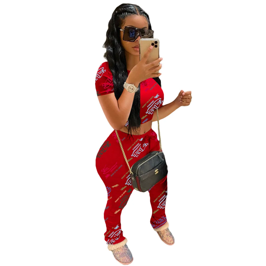 

18AC8247 Spring Summer Women Casual Fashion Skinny Navel Letter Print Two Piece Set Top and Pants Tracksuit Sweatsuit Outfits