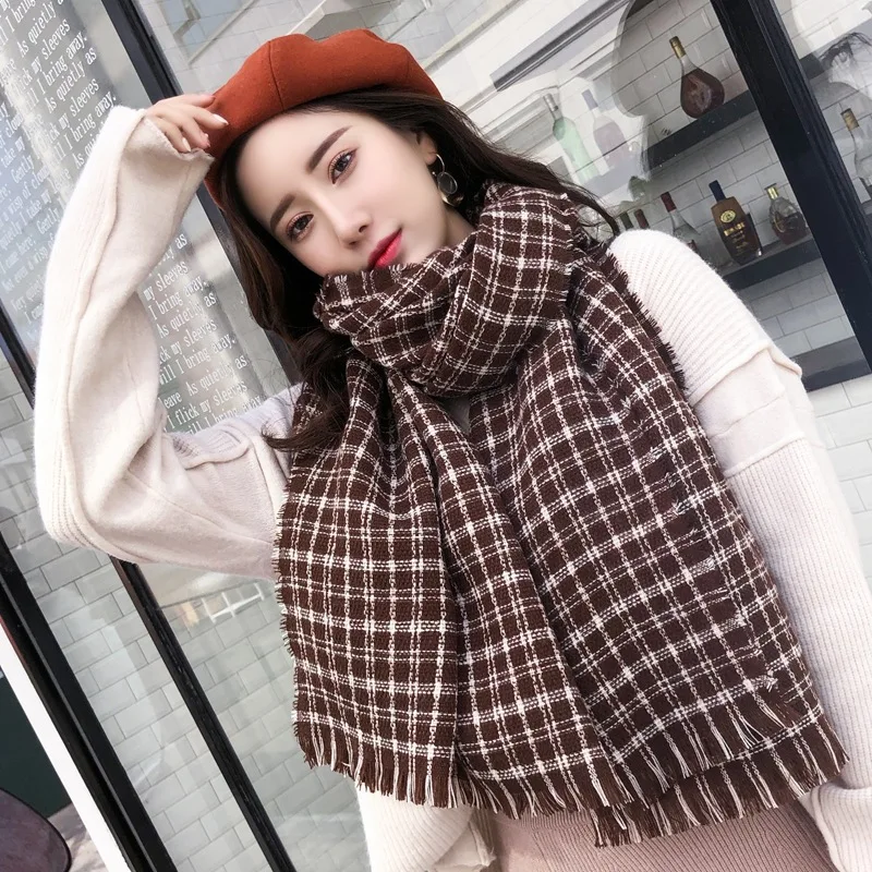 

YIMEI010 New Winter 180cm Women's Cotton Wool Scarf Lady Plaid Printed Scarves Poncho Shawl Tassel Cashmere Pashmina Tippet