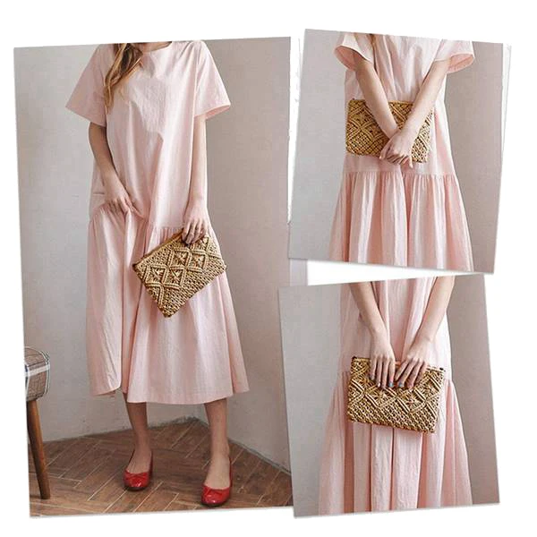 

Women's Hand-Woven Cotton Bag Straw Woven Bag Coin Purse Mobile Phone Bag Clutch Bag Tassel Bag Khaki