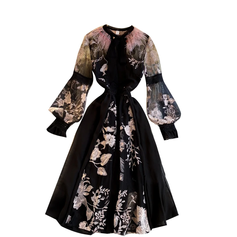 

2021 new fashion women's dress High Quality Elegant Party Dress Long Sleeve A-line Dress Spring Mesh Embroidery Flower Dress