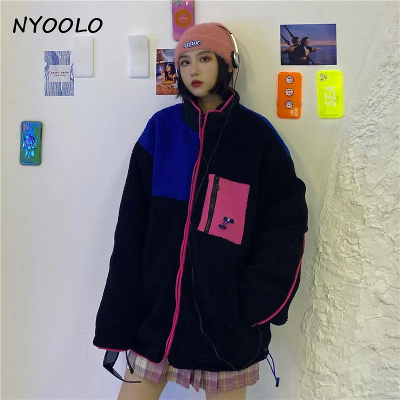 

NYOOLO Vintage Streetwear Pockets Patchwork Lamb Woolen Zipper Padded Jacket Women Winter Long Sleeve Thick Warm Oversized Coat