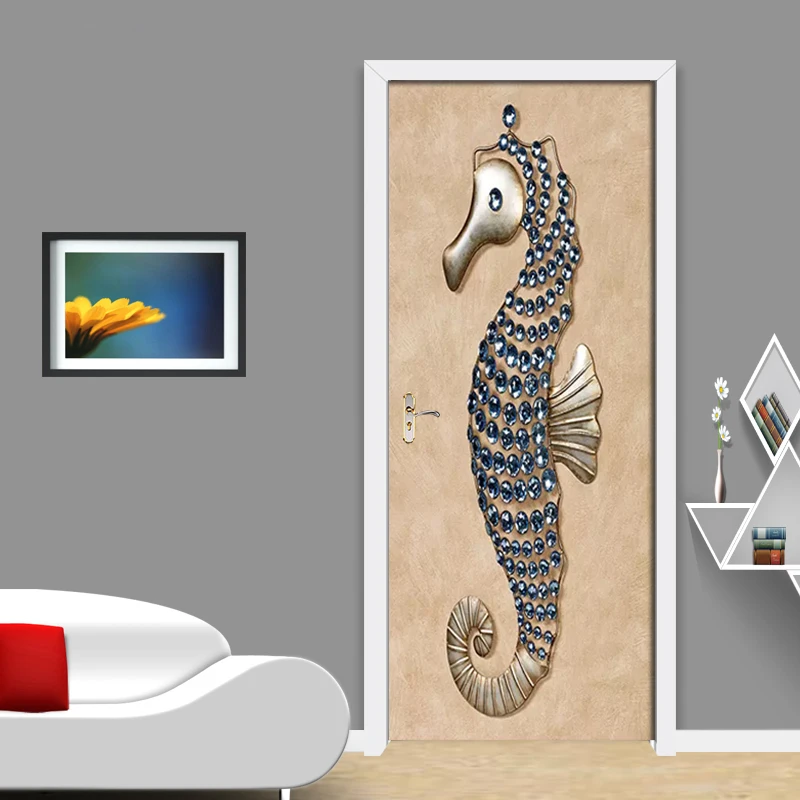 3D наклейка на дверь ПВХ Самоклеящиеся стерео украшения морская лошадь обои