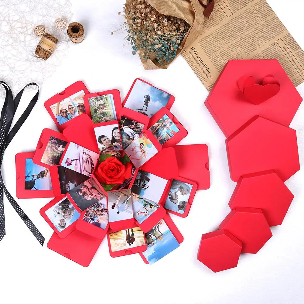 

Hexagon Surprise Explosion Box Creative Bomb Box DIY Scrapbook Photo Album Anniversary Valentine's Day Wedding Gift