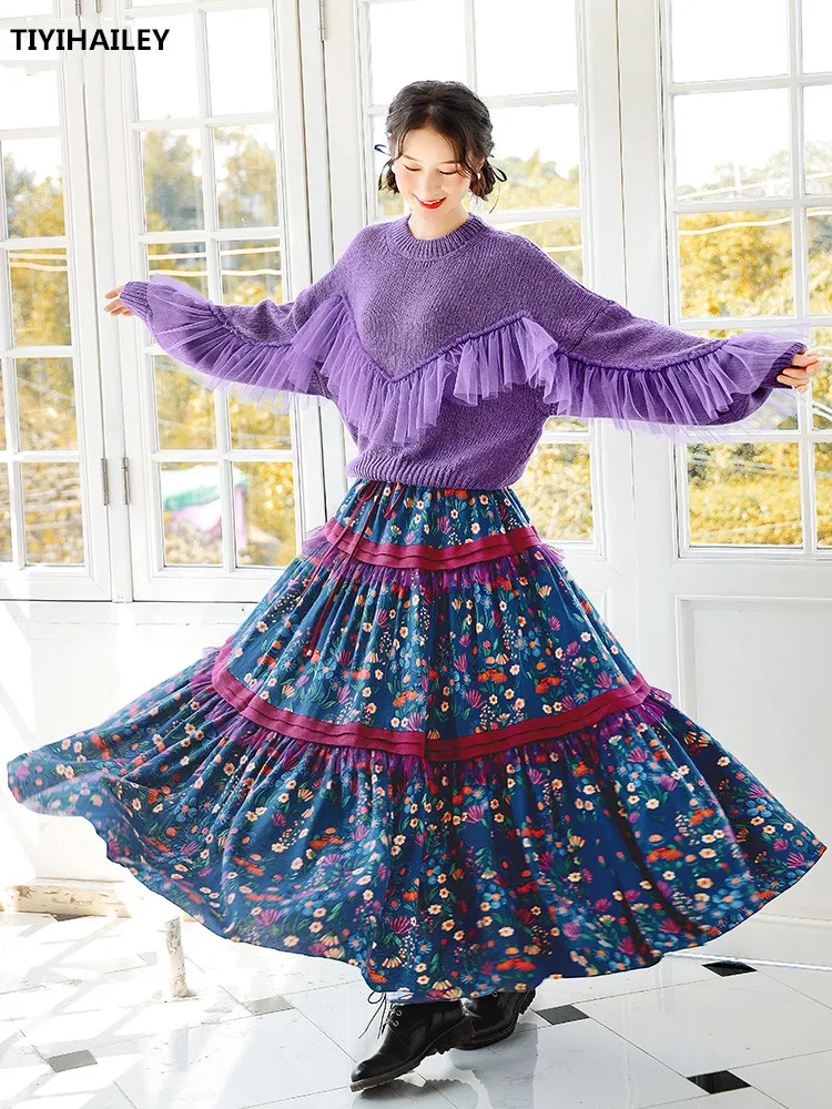 TIYIHAILEY Free Shipping Boshow Long Maxi Women Mesh And Cotton Patchwork Skirts High Elastic Waist Spring Autumn Print Skirts