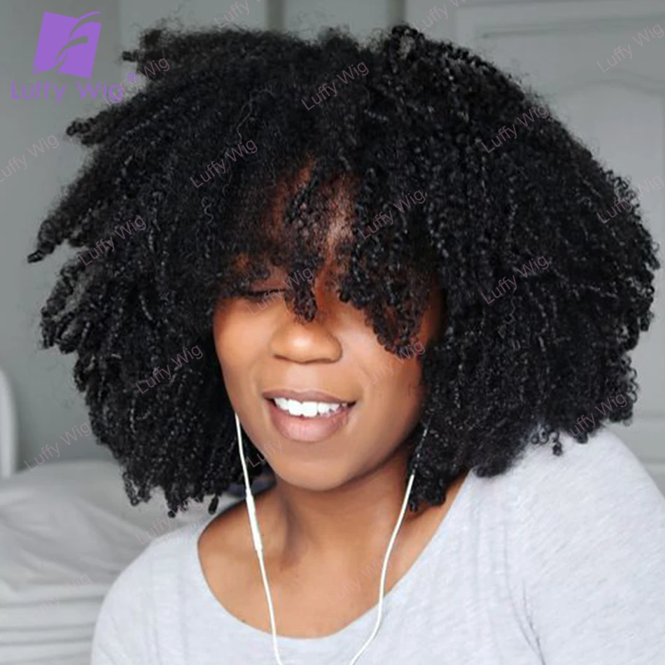 

Short Afro Kinky Curly Human Hair Wigs With Bangs Brazilian Remy Hair Machine Scalp Top Bob Wig Glueless For Black Women LUFFY