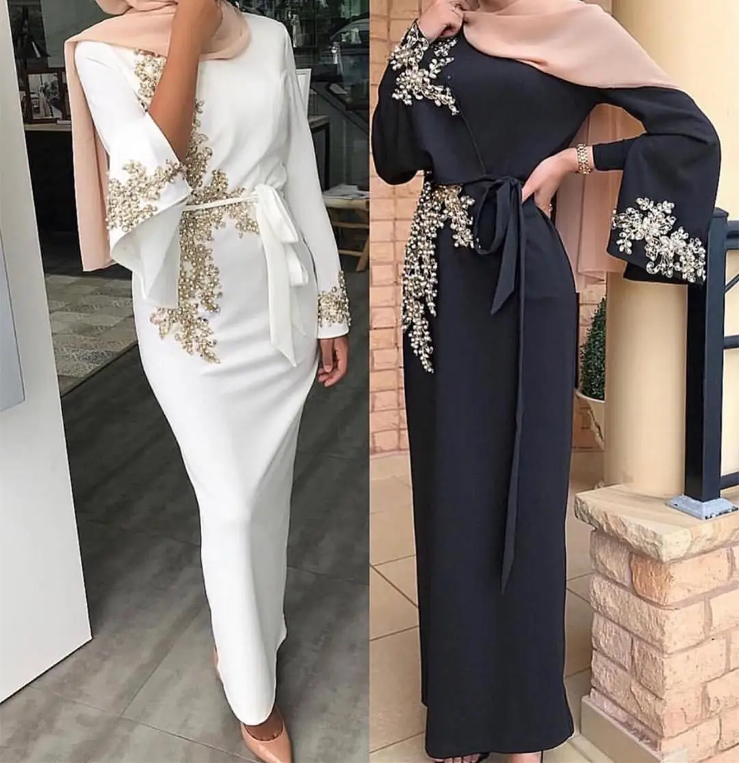 Dubai Slim Muslim Dress Women Lace Abaya Beading Applique Islamic Clothing Elegant | Женская одежда