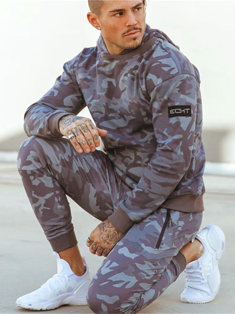 Gray camouflage Спортивный костюм для мужчин спортивный костюм Свободная Спортивная одежда Мужская Весна и осень Фитнес беговой костюм теплая спортивная одежда для бега - Цвет: Gray camouflage