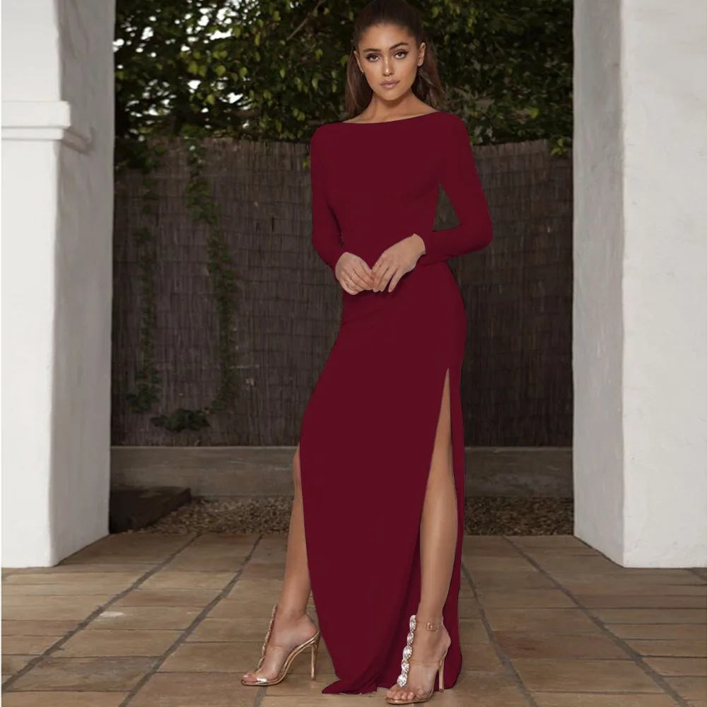 

New Women Long Sleeve Dress Sexy Fashion Casual Solid Color Leaky Back Bodycon Slim Floor-Length Dresses ZY8920
