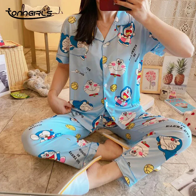 

Tonngirls Cartoon Doraemon Pajama Set Short Sleeve Sleepwear 2021 Summer Pj Set Night Wear Homewear Pijama Night Suit Pyjama