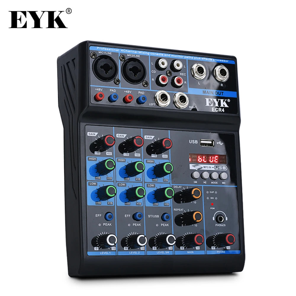 

EYK ECR4 аудио микшер со звуковой картой 4-канальная стерео микшерная консоль Bluetooth-совместимый USB для ПК Воспроизведение записи