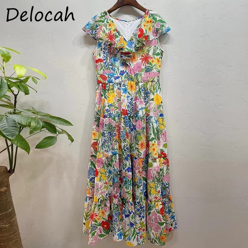 

Delocah новые 2021 летние модные дизайнерские качественные женские вечерние платье трапециевидной формы с сексуальным v-образным вырезом оборка...