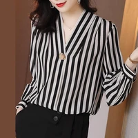 black white v neck striped shirt women vertical stripes 2020 autumn new professional chiffon long sleeved bottoming shirt top