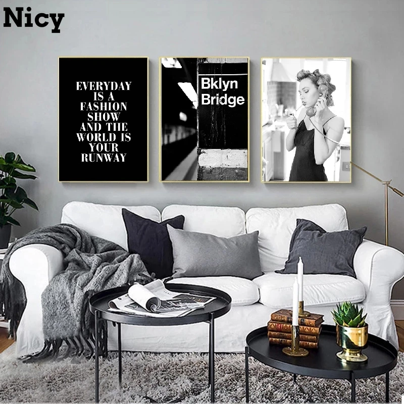 Модный плакат черный белый плавающая девушка винтажная камера цитаты холст