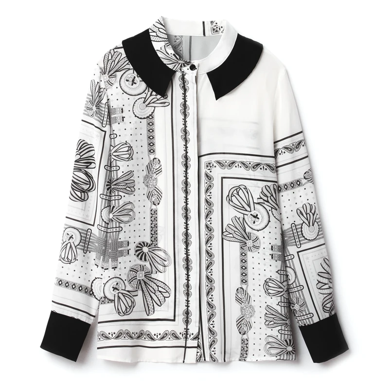 

100% Natural Silk Women's Shirt O Neck Long Sleeves Printed Elegant Fashion Summer Blouse Camisa