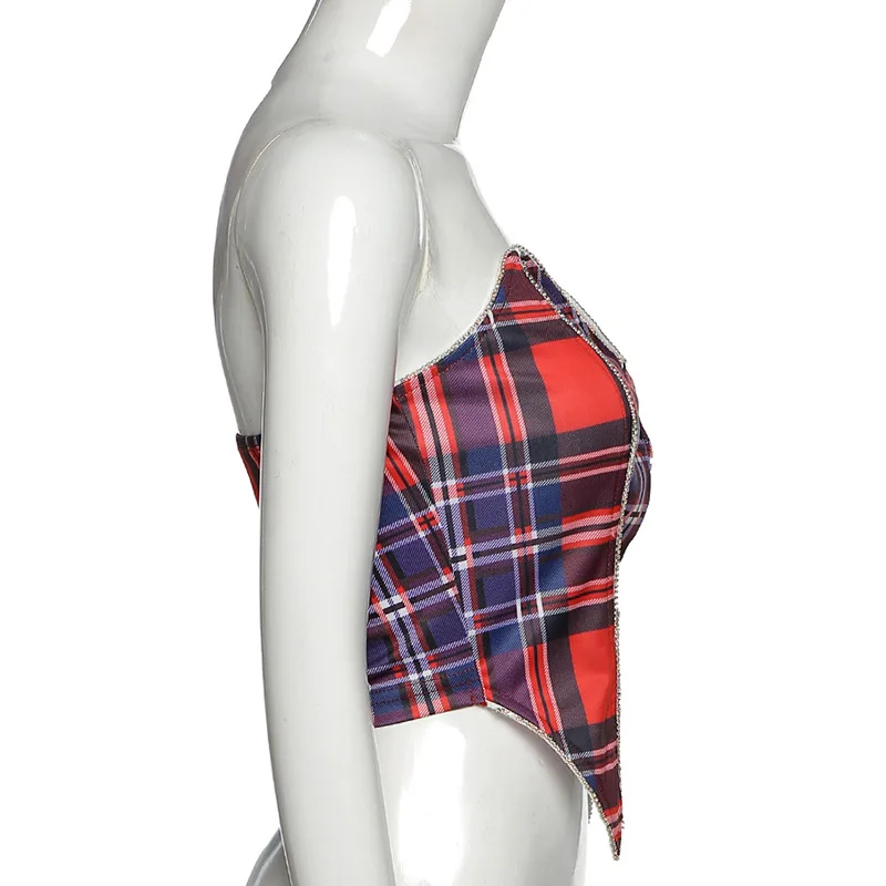 Сексуальный Топ без бретелек с открытыми плечами клетчатый бюстье укороченный