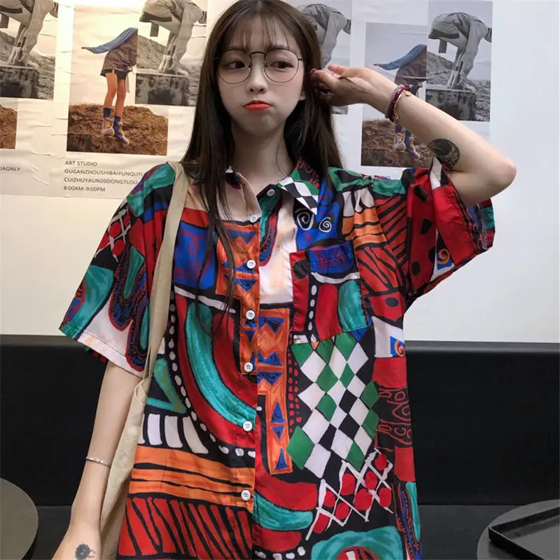 

Women Clothes Pockets Turn-down Collar Geometric Harajuku ulzzang camisetas mujer manga corta fashion Loose Shirts hot