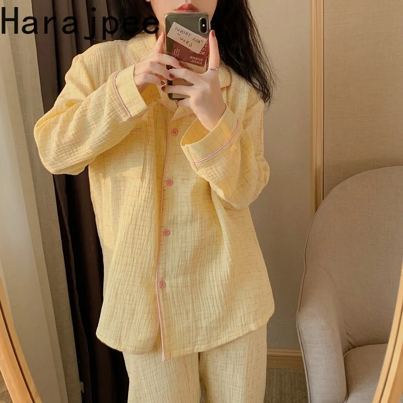 

Корейская Пижама Harajpee, простая клетчатая Пижама, женские осенние брюки из чистого хлопка и льна с длинным рукавом, комплект домашней одежды ...