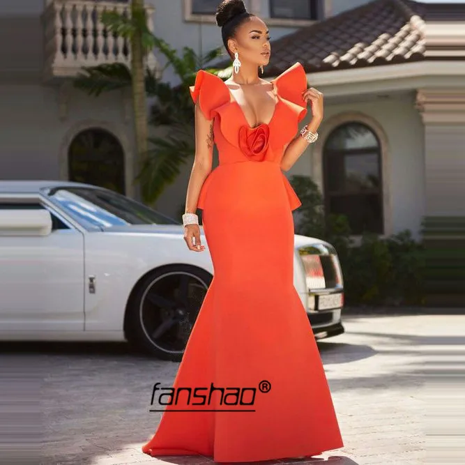 

Coral Red Muslim Evening Dresses Deep-v Mermaid Ruffle Simple vestidos de festa Dubai Saudi Arabic Evening Gown Prom Dress