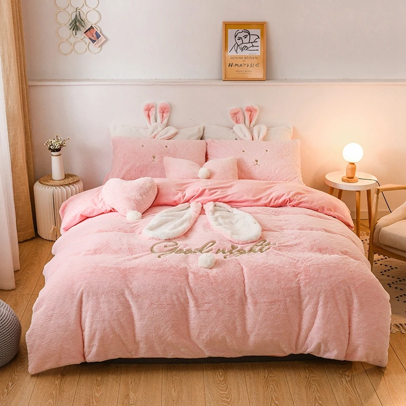 Комплект зимнего постельного белья из флисовой ткани с милыми кроличьими ушками