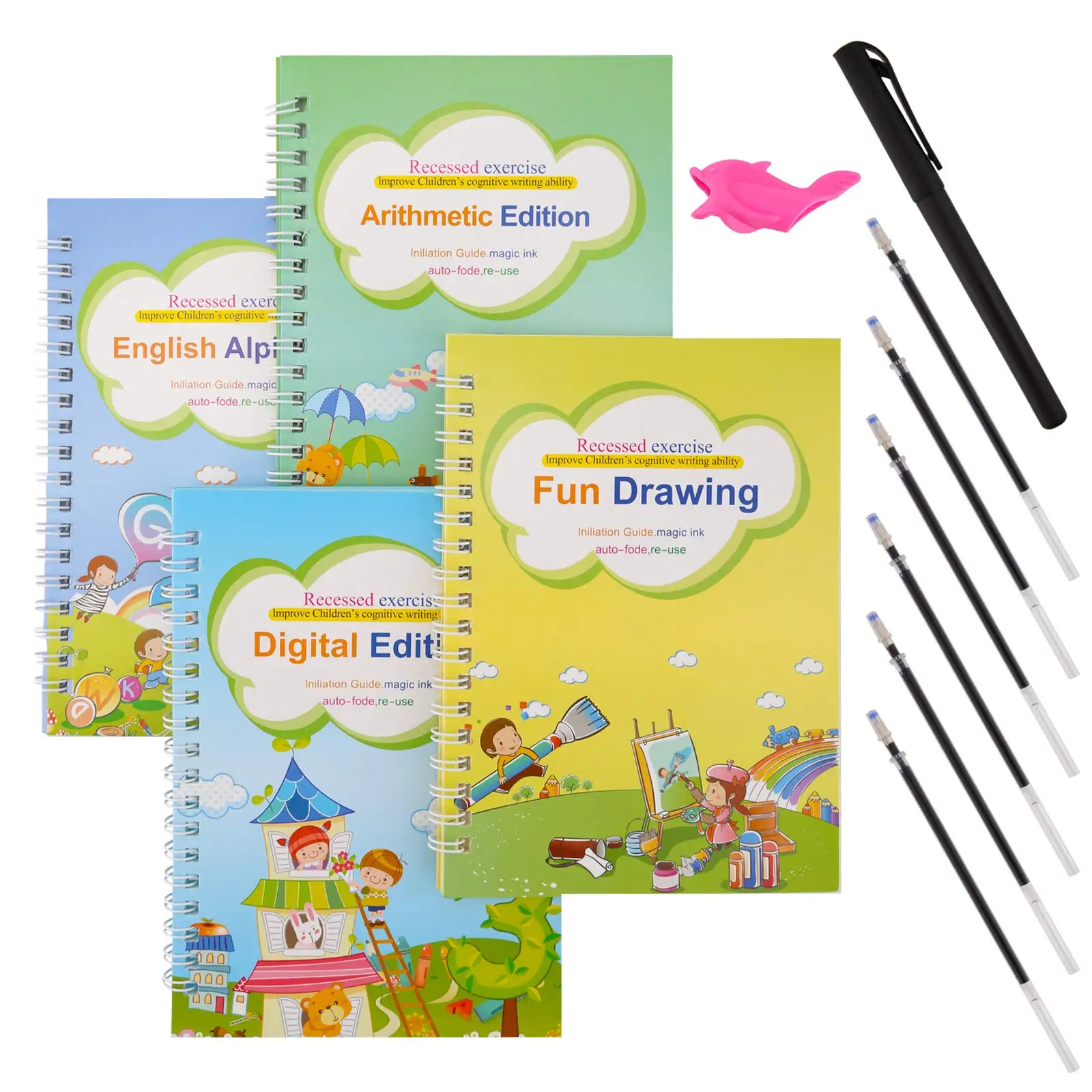 

4 Books of Handwriting English 3D Copybook Calligraphic Magic Education Practice Reusable Stationery Book Toy for Kid