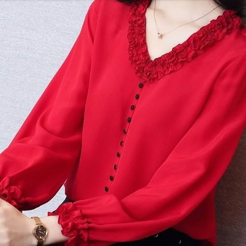 

Red shirt female long-sleeved 2020 new spring and autumn V-neck chiffon all-match blouse