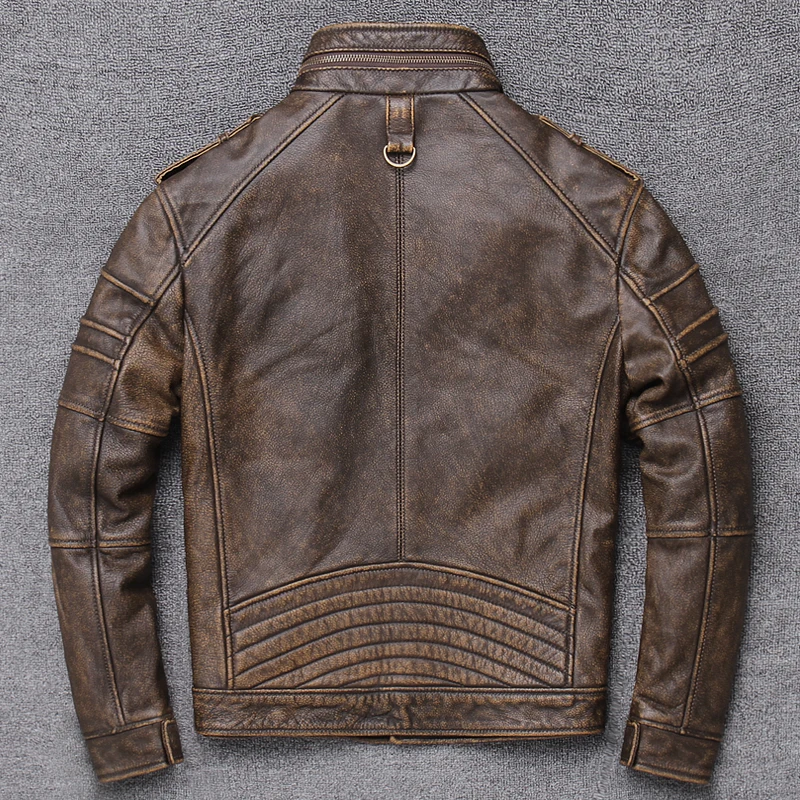 

plus size locomotive leather jacket men cow skin 5XL genuine leather jacket biker leather coat