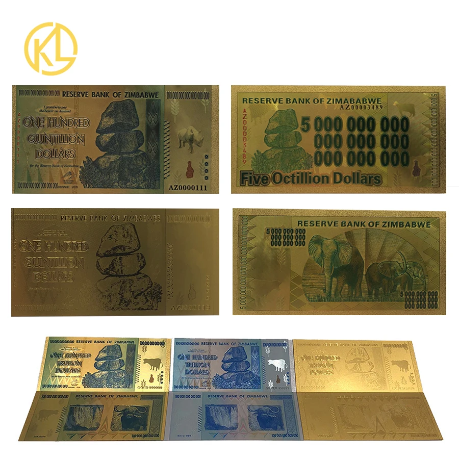 

10pcs/lot waterproof and flexible Colored One Hundred Trillion Dollars Zimbabwe Gold and silver color Banknote with Certificate