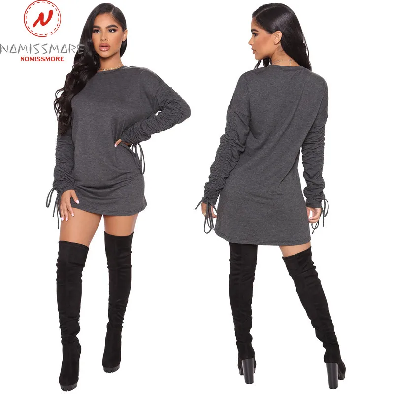 

Fashion Solid Color Pencil Dress for Women Shrinkage Drawstring Design O-Neck Long Sleeve Mid Waist Casual Pullovers Mini Dress