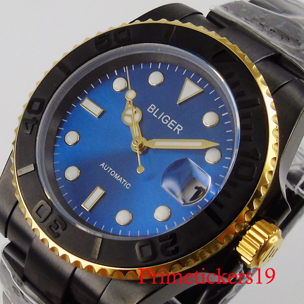 

Bliger Blue Dial Sapphire Crystal Luminous Index NH35A MIYOTA 8215 PT5000 Automatic Men's Watch Black PVD Case Gold Bezel