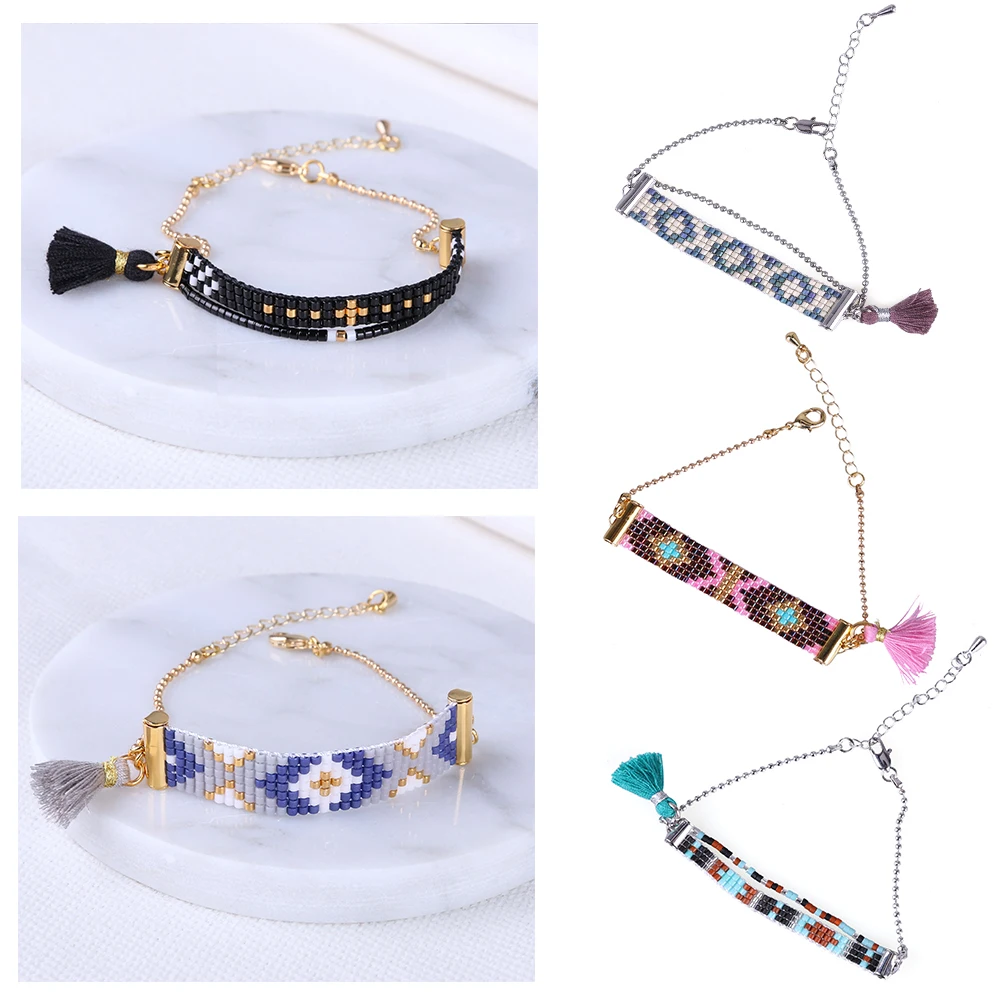 Женский браслет с кисточками KELITCH разноцветный из бисера золотыми бусинами