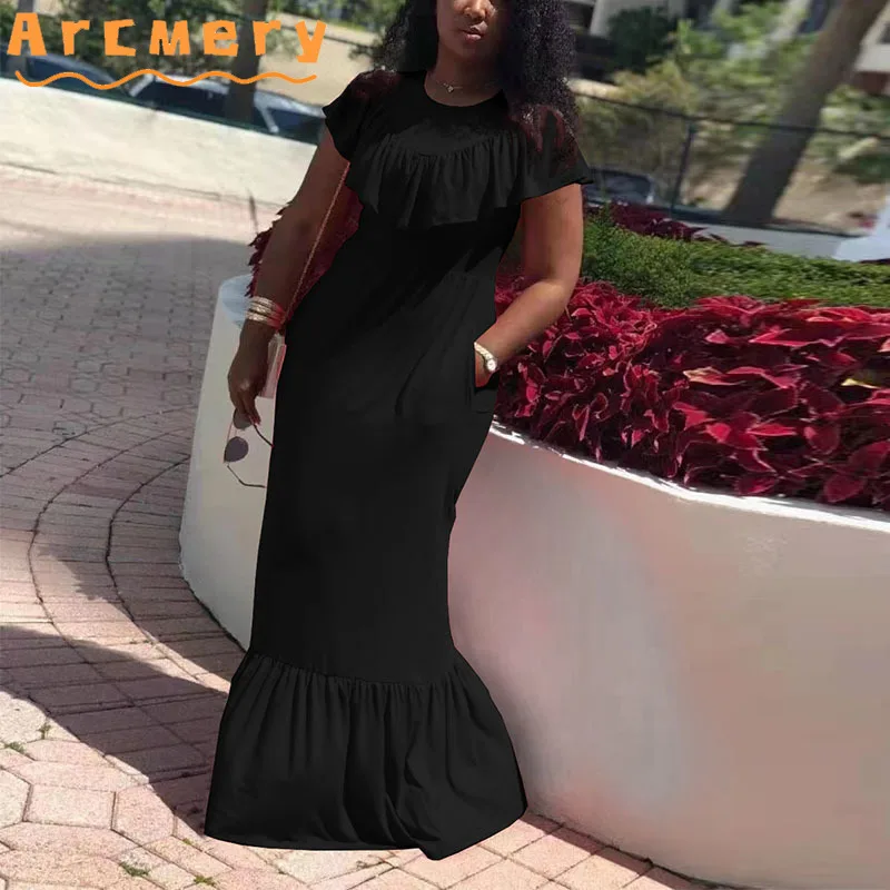 

Women Short Sleeve O-neck Ruffle Design Maxi Dress