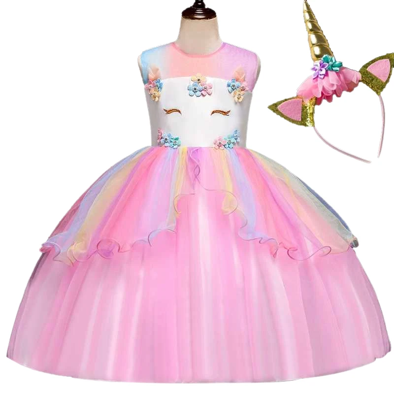 2019 Girl Unicorn Peng Rainbow Princess Children's Birthday Christmas Girl's Dress Wedding Party Детская одежда и обувь