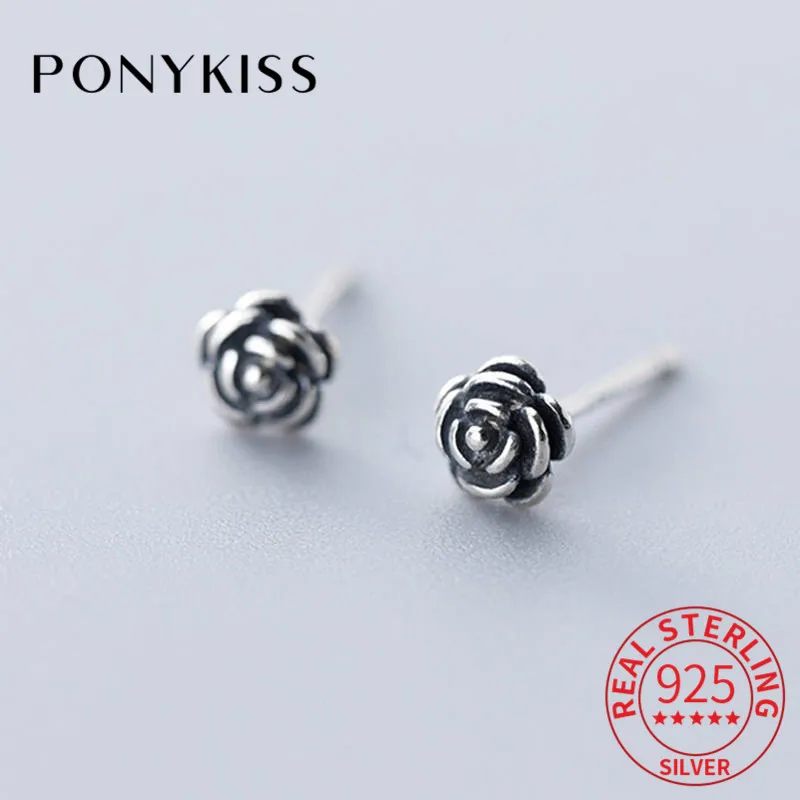 100% серьги гвоздики PONYKISS из тайского серебра 925 пробы с маленькими цветами женские