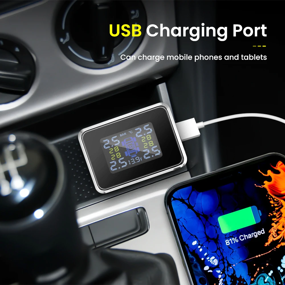 Беспроводной автомобильный датчик давления в шинах TPMS с ЖК-дисплеем USB-Зарядка