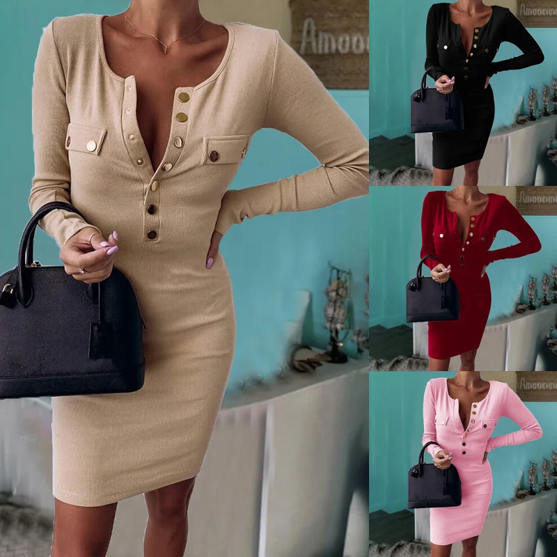 

Women Autumn O-neck Button Long Sleeve Dress Solid Bodycon Casual Basic Slimming Streetweart Socket Regular