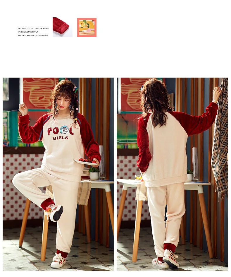 Adults Autumn Winter Women Pyjamas Sets Thick Warm Pajamas Suit Flannel Long Sleeve Female Soft Coral Velvet Pants Sleepwear
